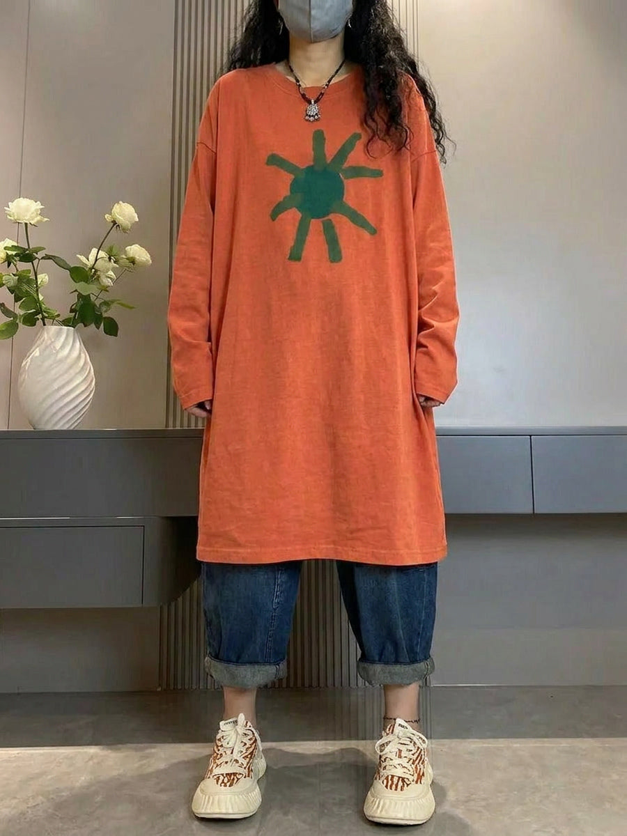 大尺碼女款藝術印花秋季棉質長版襯衫