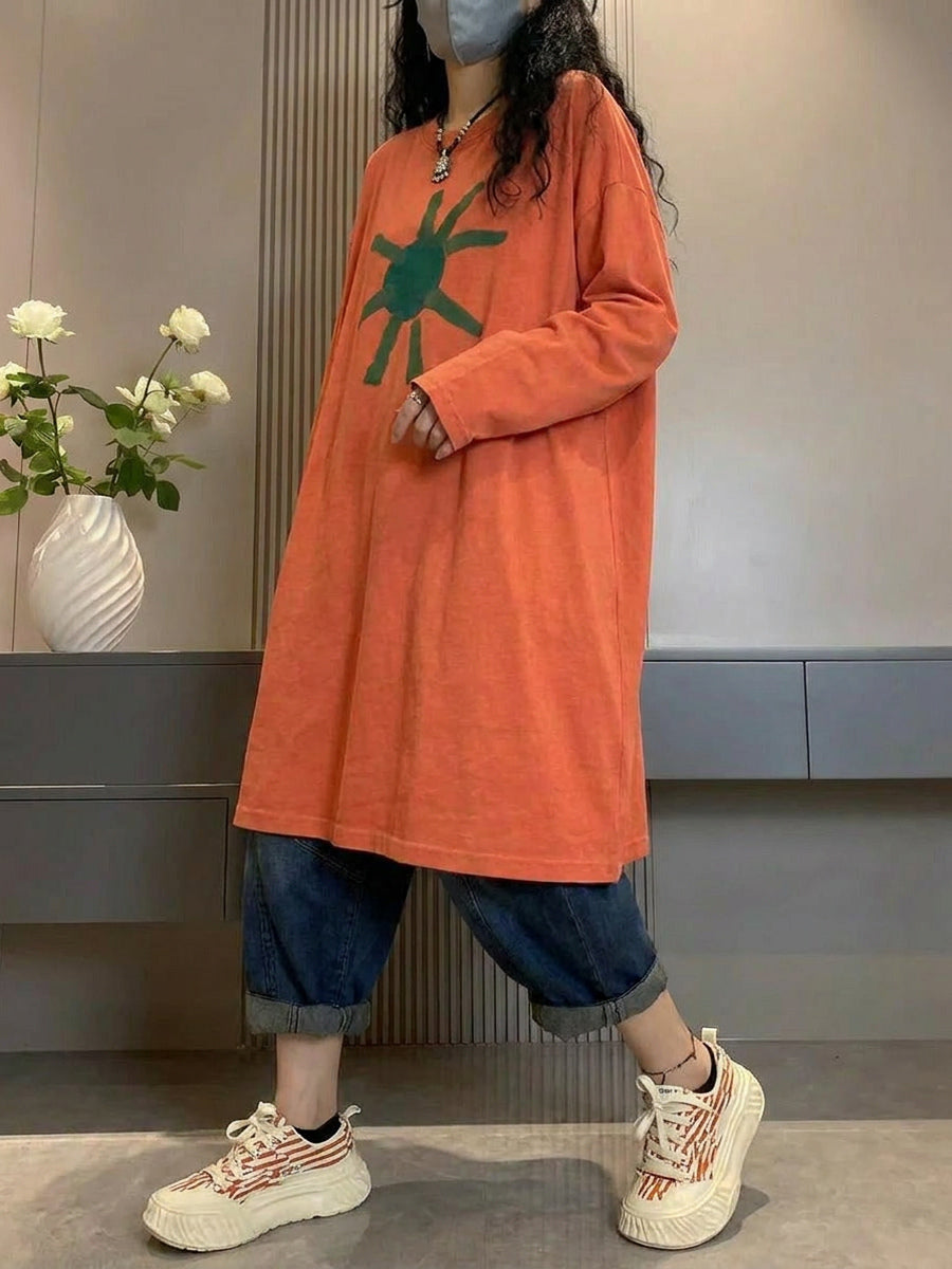 大尺碼女款藝術印花秋季棉質長版襯衫
