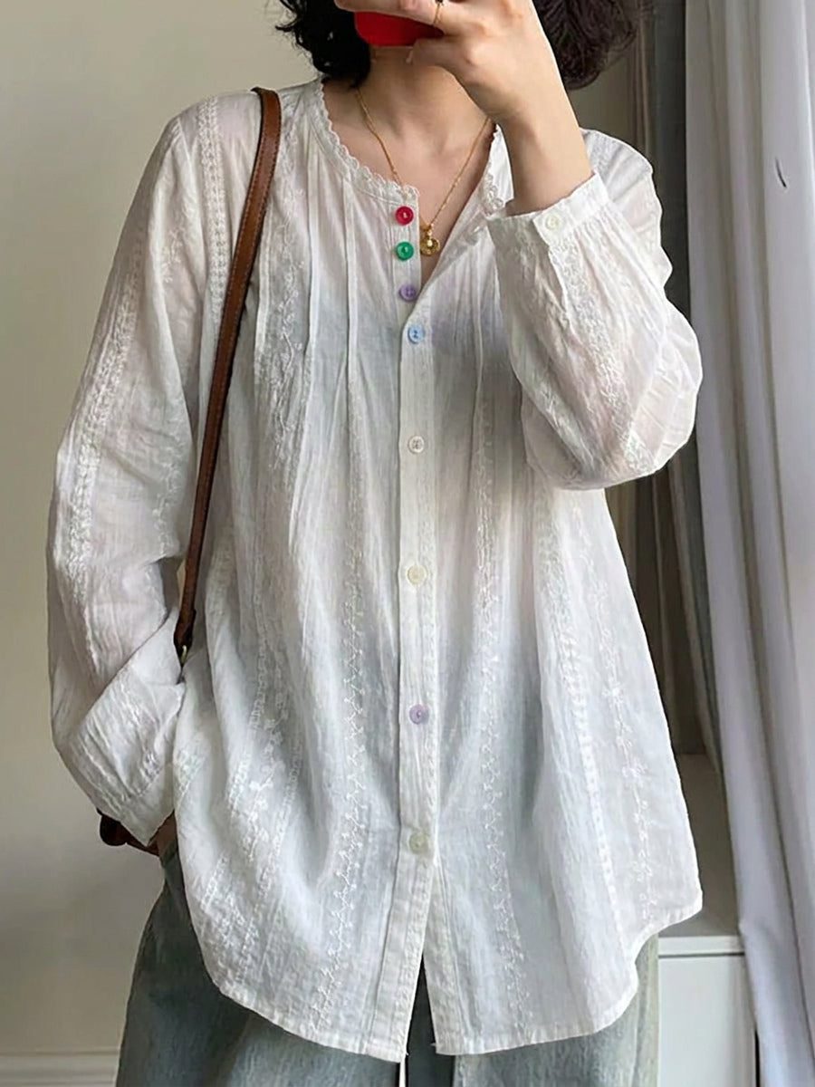 女士夏季藝術刺繡100%純棉襯衫